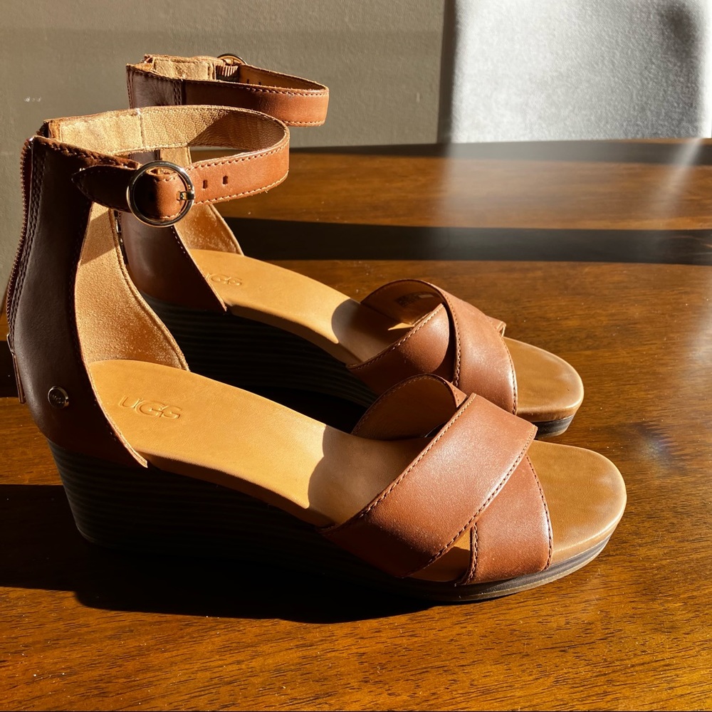 UGG Brown Leather Wedge Sandals